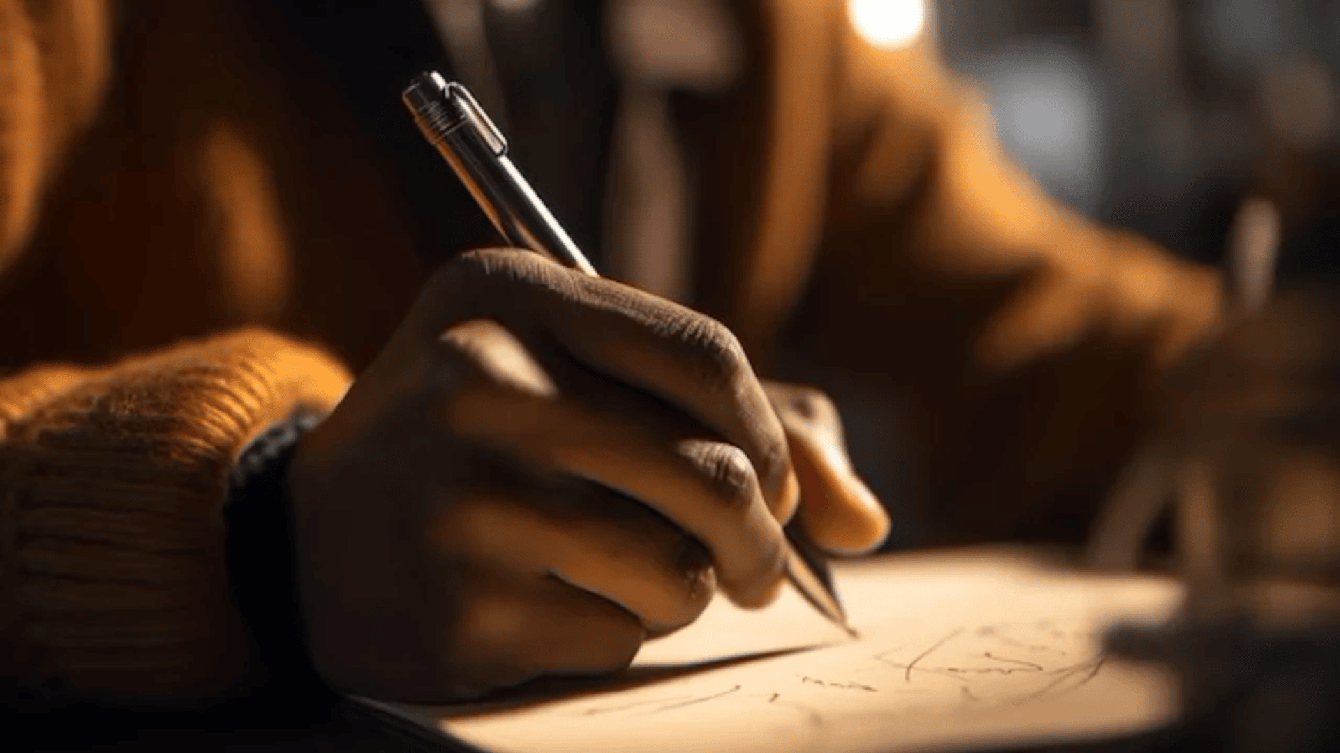 Eine Nahaufnahme der Hand einer Person, die einen Stift hält und auf Papier schreibt. Ein warmes, weiches Licht beleuchtet die Szene. Die Person trägt einen braunen Pullover.