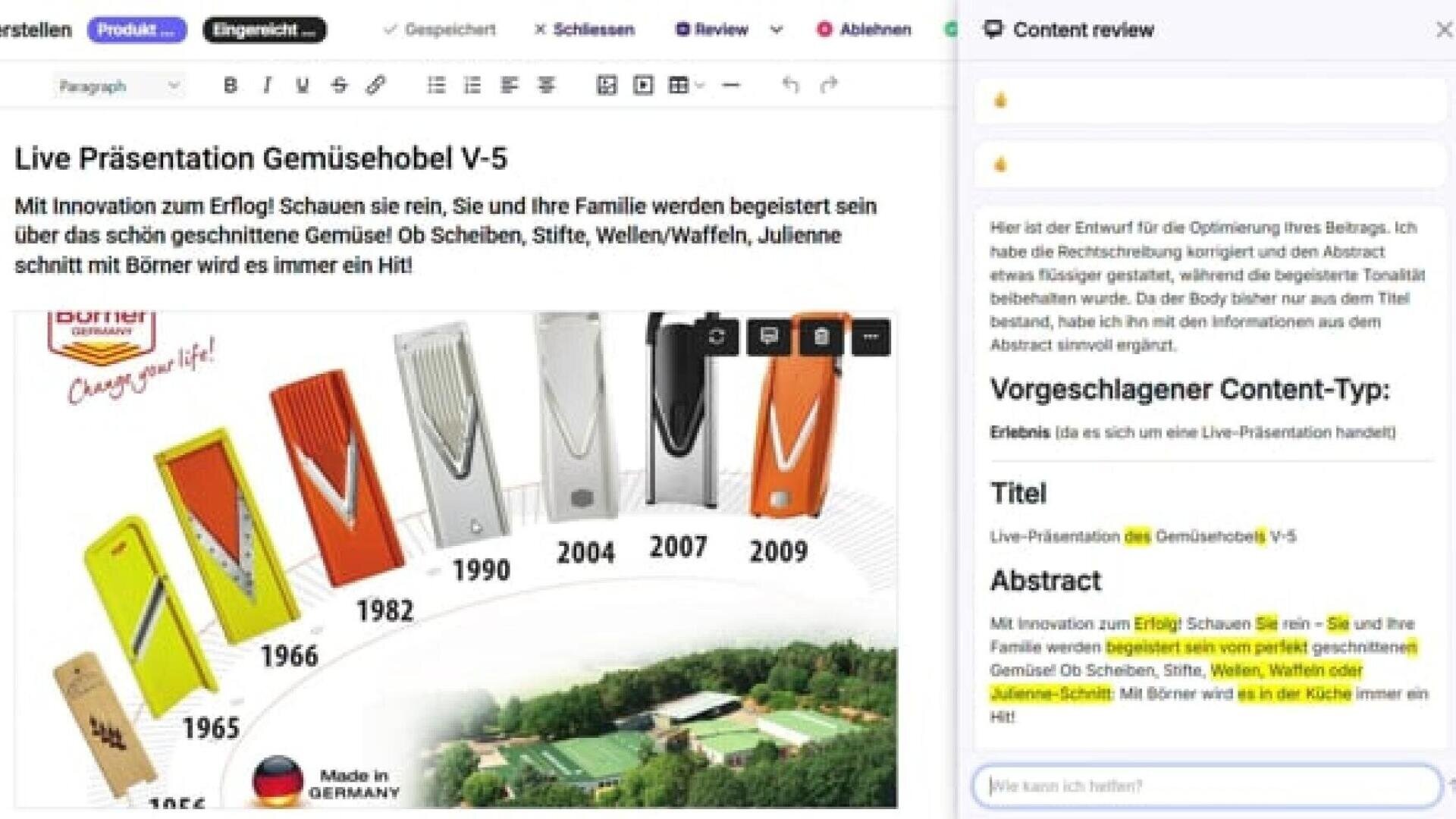 Auf einem Computerbildschirm wird eine Produktpräsentation für Gemüseschneider in deutscher Sprache angezeigt, die verschiedene Schneidemaschinenmodelle von 1956 bis 2023 zeigt, daneben ein Gartenfoto und rechts eine Inhaltsübersicht.