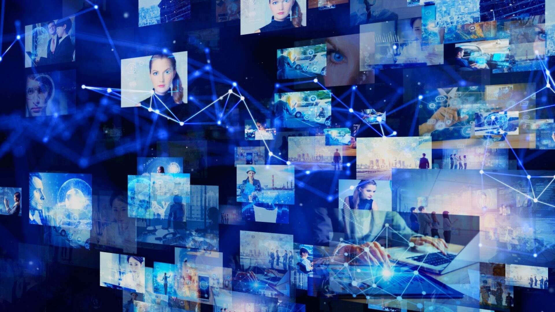 A digital collage of translucent screens showing people, technology, and data, all interconnected by glowing blue lines, representing global digital networks and communication.