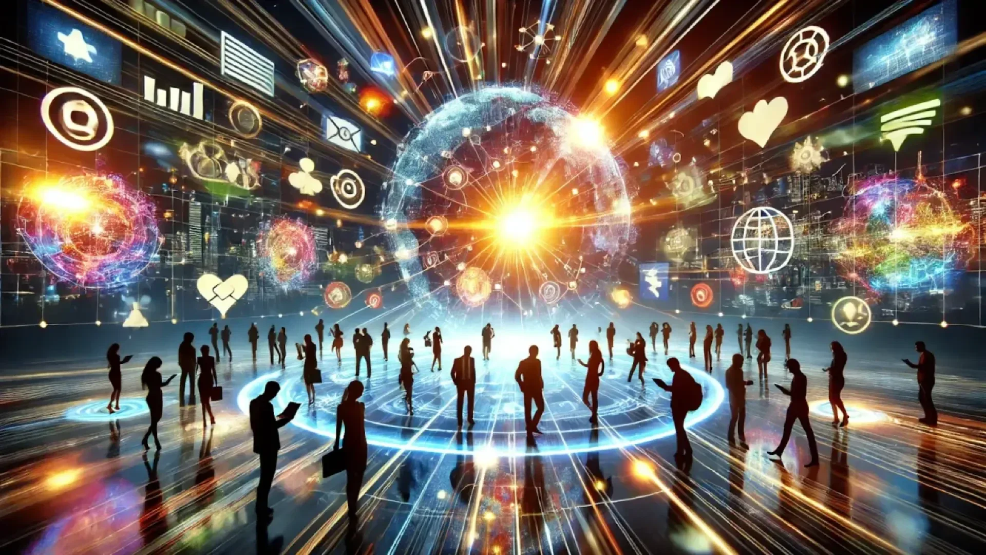 Silhouettes of people stand in a futuristic, glowing environment with digital icons, data symbols, and a bright, radiant globe in the background, representing global connectivity and digital communication.