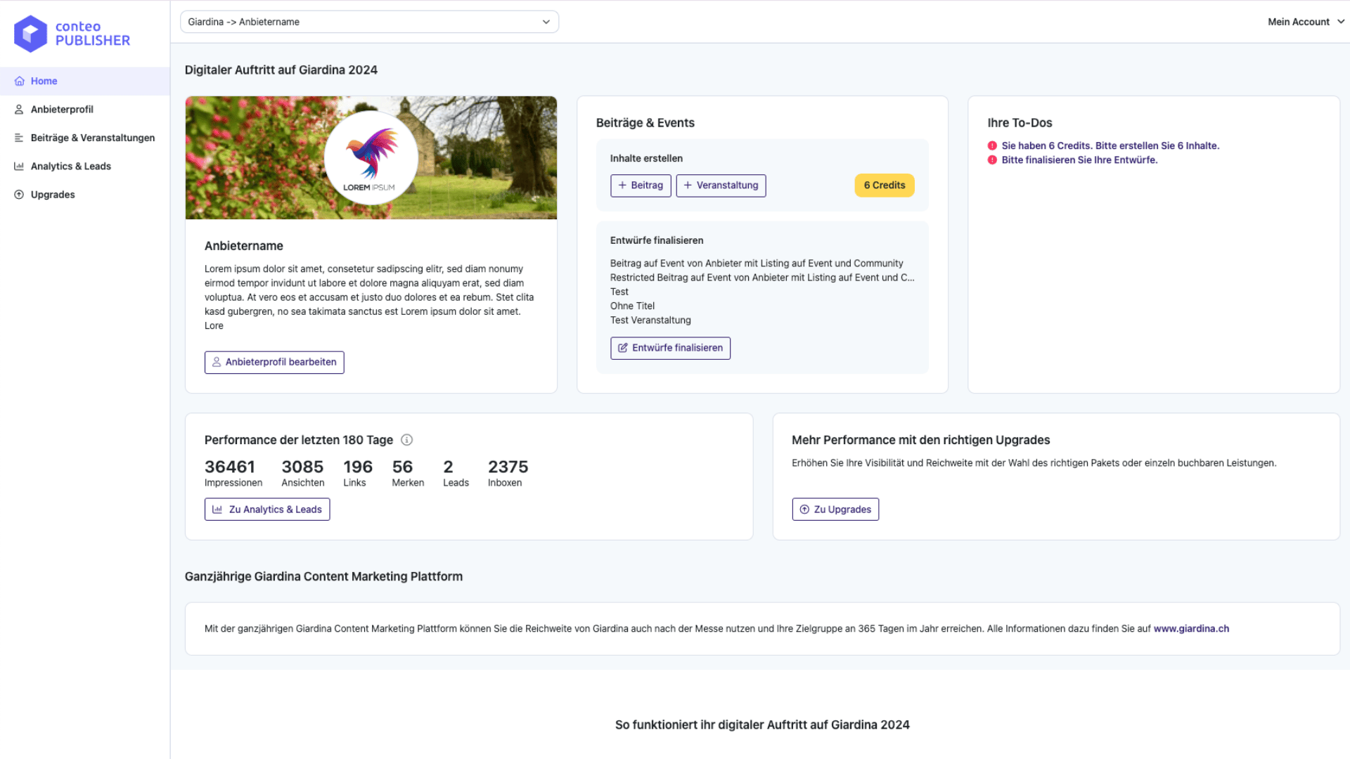 Dashboard der onebox PUBLISHER-Plattform mit Statistiken, einer To-Do-Liste und Informationsfeldern zur Verwaltung von Inhalten und Veranstaltungen für die Giardina 2024. Das Layout umfasst Schaltflächen, Diagramme und Navigationsmenüs auf der linken Seite.