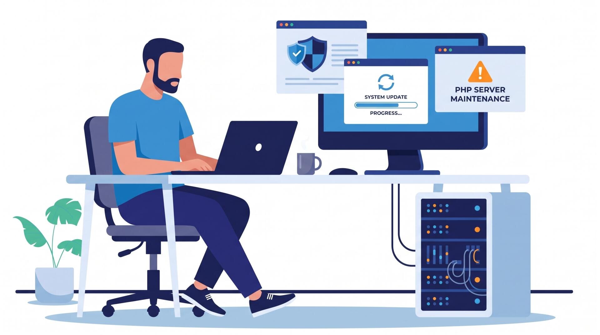 Ein Mann, der an einem Schreibtisch an einem Laptop arbeitet, während auf dem Desktop-Monitor Meldungen zu Systemaktualisierungen und Serverwartungsarbeiten angezeigt werden.