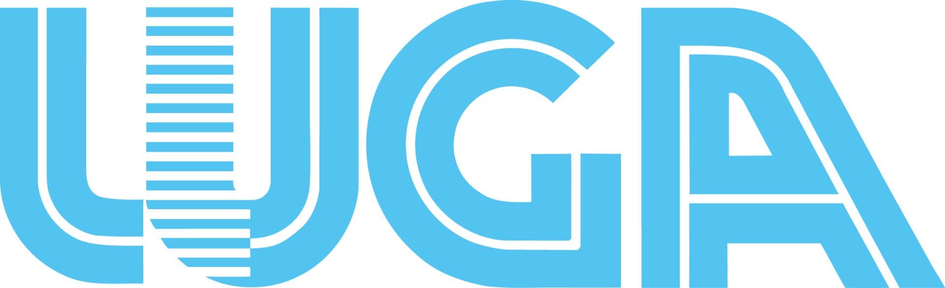 Das Bild zeigt die stilisierten Buchstaben UGA in Hellblau mit geometrischen Formen, Linien und kräftigen Details, wodurch ein modernes und künstlerisches Logodesign entsteht.