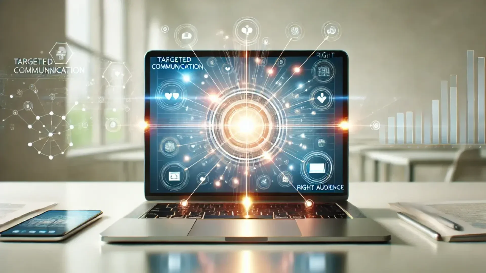 A laptop displaying a glowing digital interface with icons and data points connected by lines, representing targeted communication and audience concepts in a modern office setting.