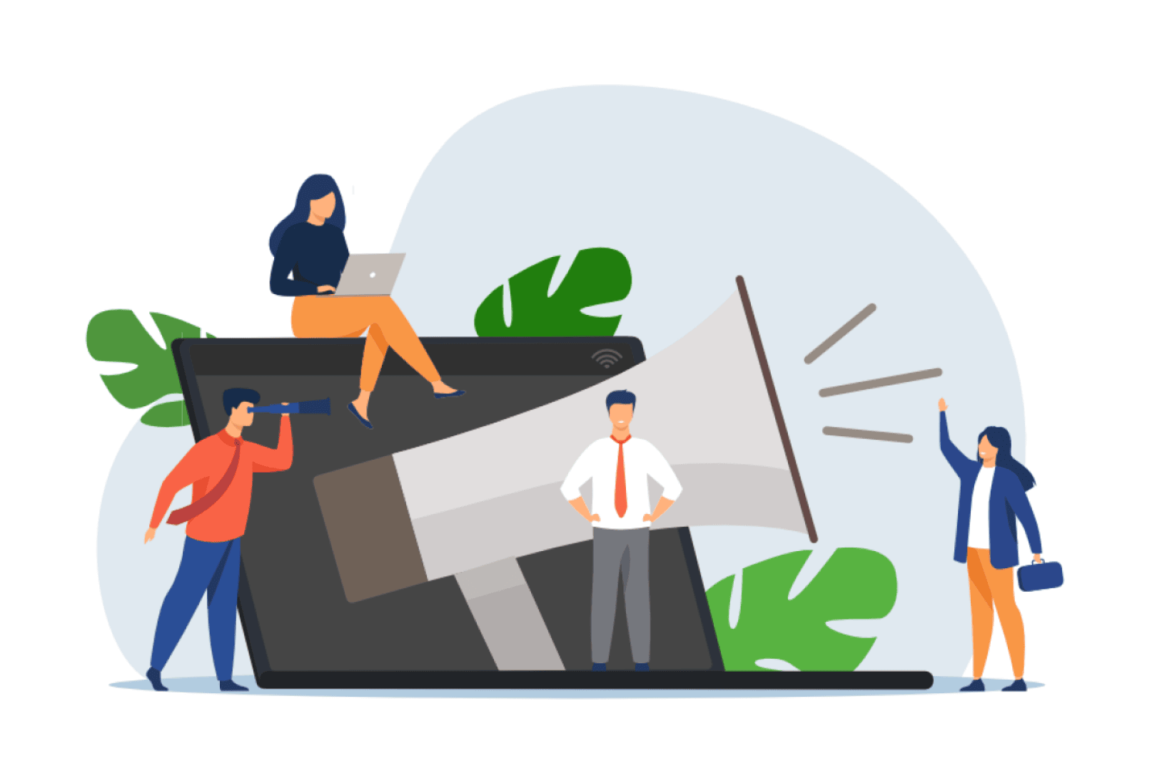 Illustration von drei Personen, die um einen großen Laptop herumstehen, auf dessen Bildschirm ein Megafon zu sehen ist; eine Person benutzt den Laptop, eine andere schaut durch ein Teleskop und die dritte winkt, während sie eine Tasche in der Hand hält.