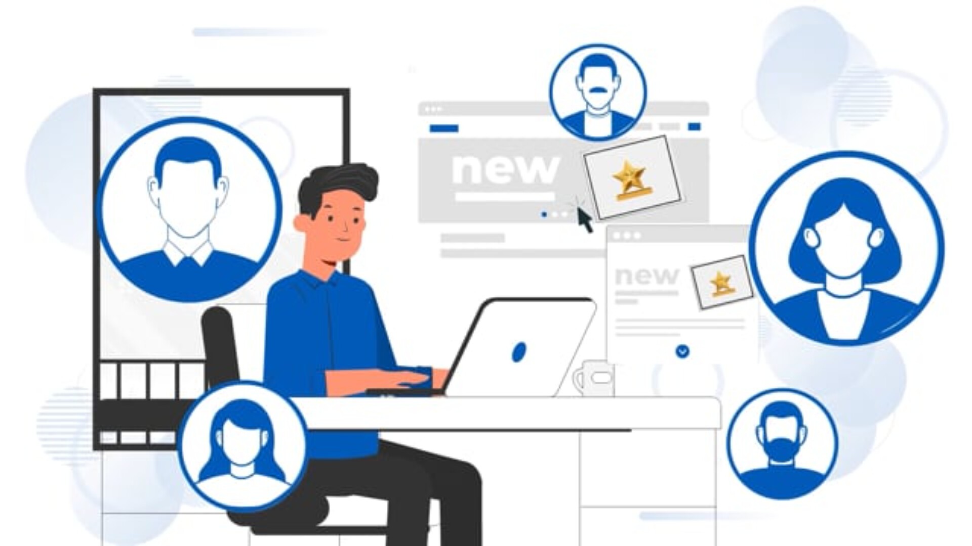 Eine Abbildung einer Person, die an einem Schreibtisch mit einem Laptop arbeitet, umgeben von Profilsymbolen verschiedener Personen, was auf Online-Kommunikation oder -Netzwerkbildung hindeutet.