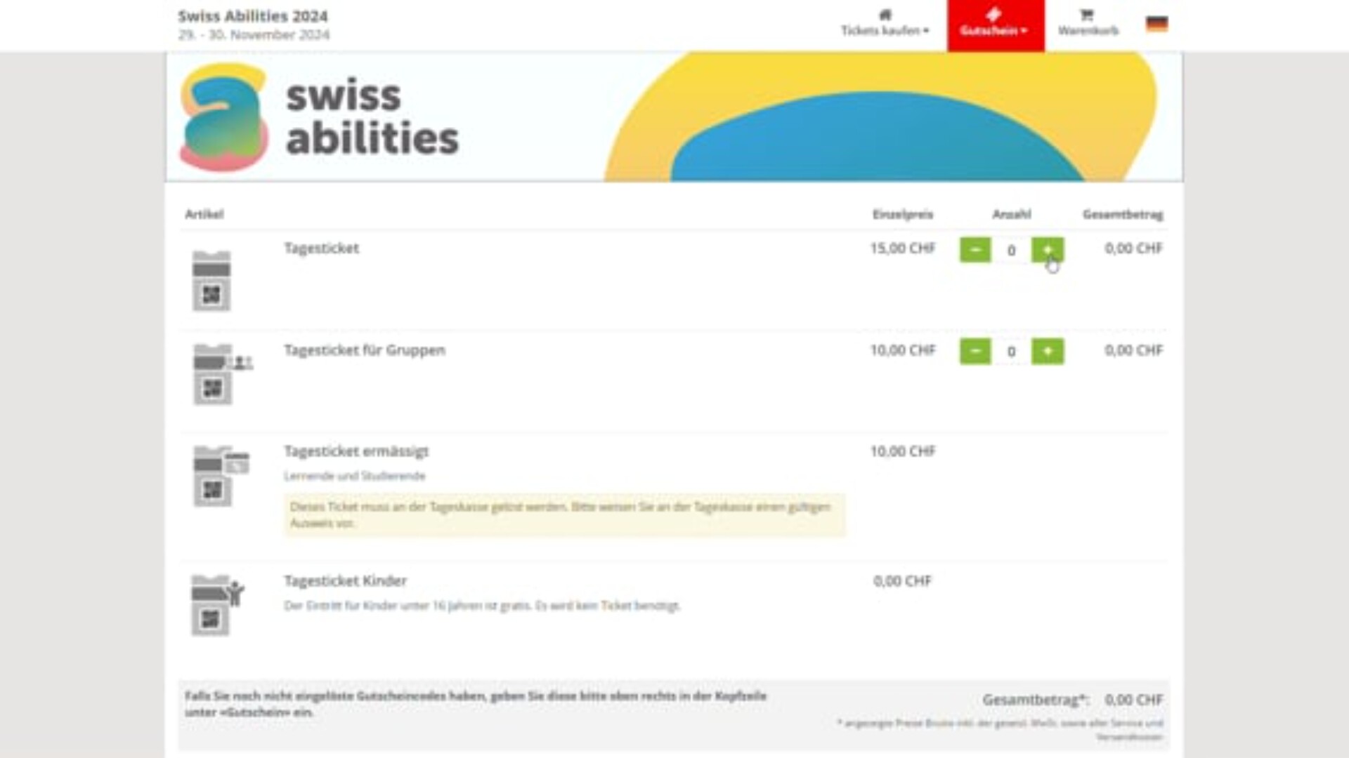 Screenshot einer Ticketkaufseite für Swiss Abilities 2024, auf der Optionen für Tageskarten, Gruppenkarten, ermäßigte Karten und Kinderkarten mit Preisen in CHF und Auswahlmöglichkeiten für die Menge angezeigt werden.