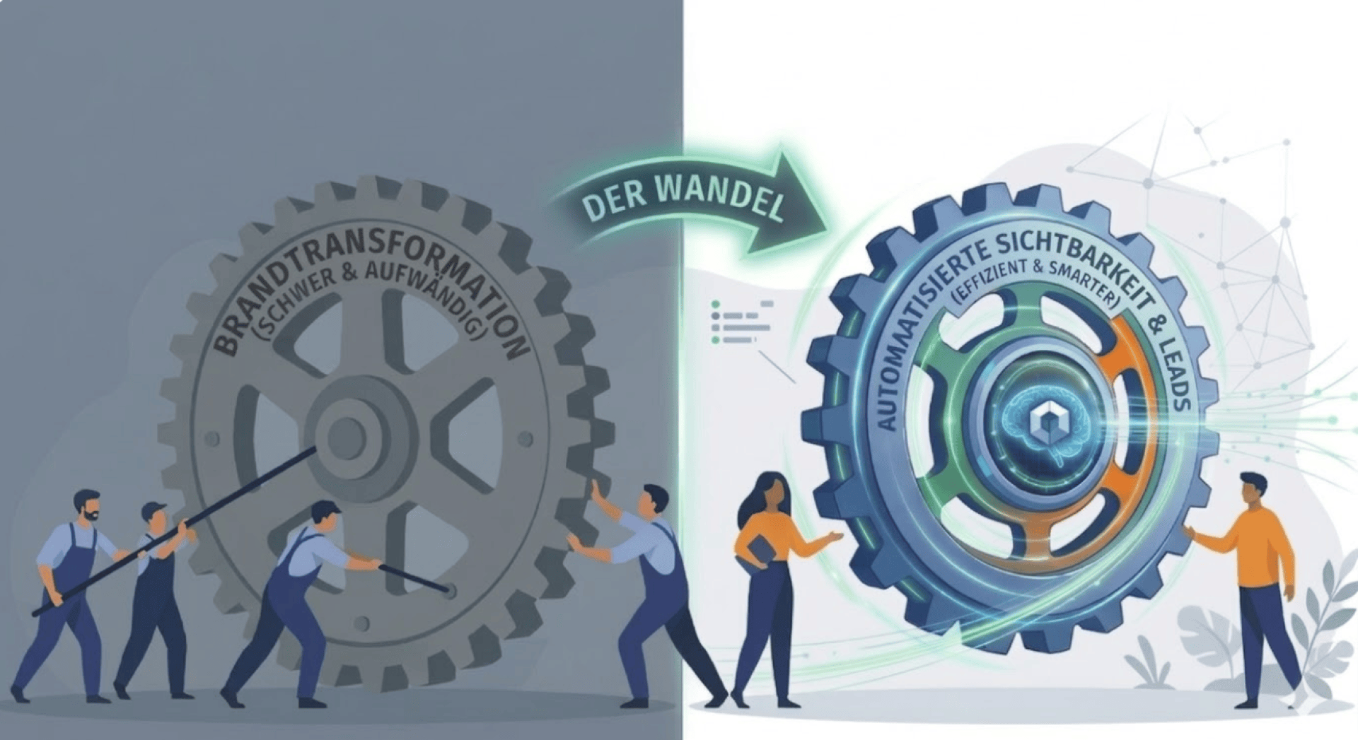 Die Illustration ist in zwei Hälften geteilt: Auf der linken Seite mühen sich die Menschen ab, ein großes graues Zahnrad mit der Aufschrift Brandtransformation zu drehen, während die Menschen auf der rechten Seite mühelos ein buntes Zahnrad mit der Aufschrift Automatisierte Sichtbarkeit & Leads drehen. Der Wandel verbindet beide Seiten.