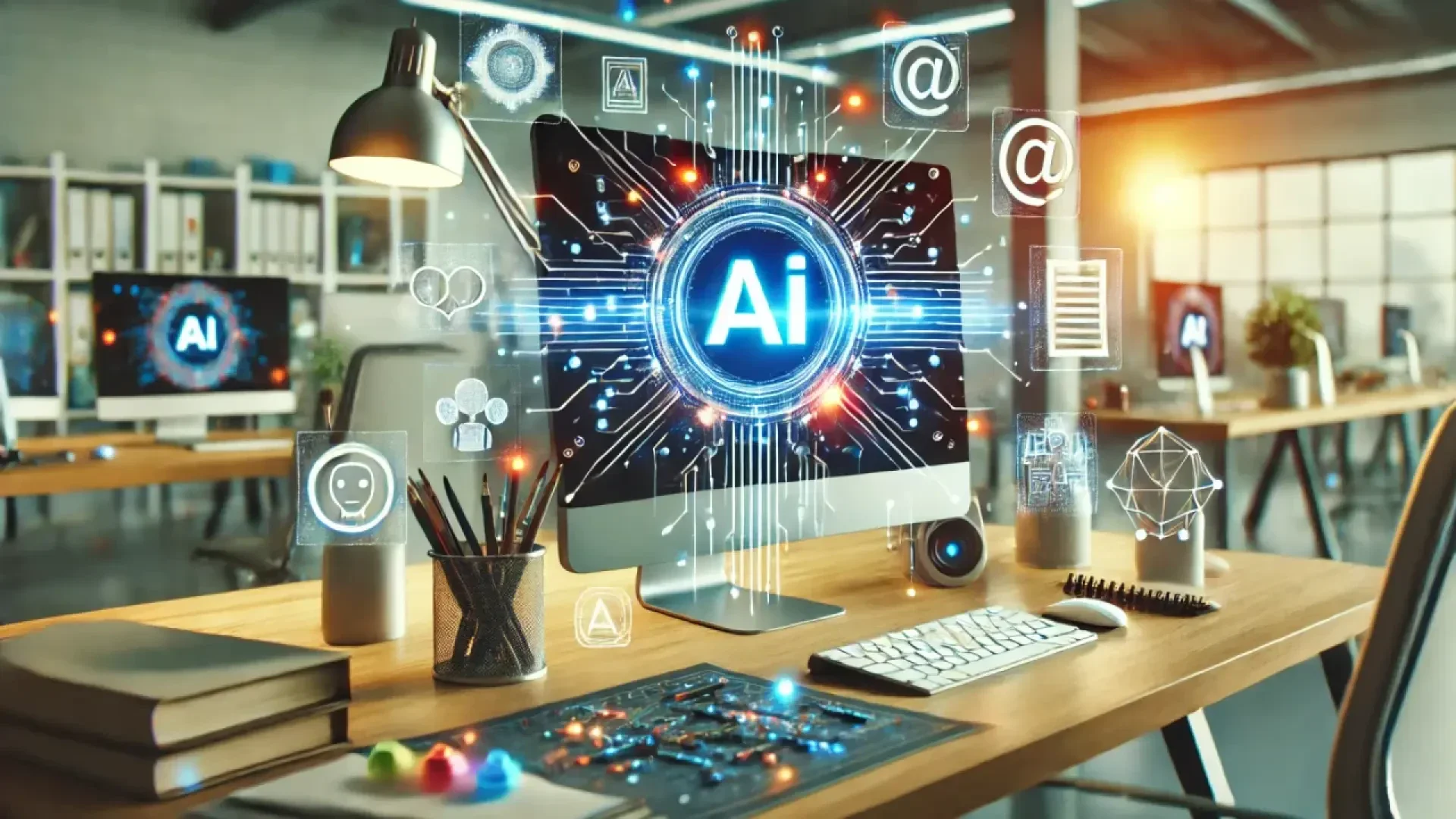 A modern office desk with a computer displaying a large glowing AI symbol, surrounded by floating digital icons representing artificial intelligence, emails, data, and communication technology.