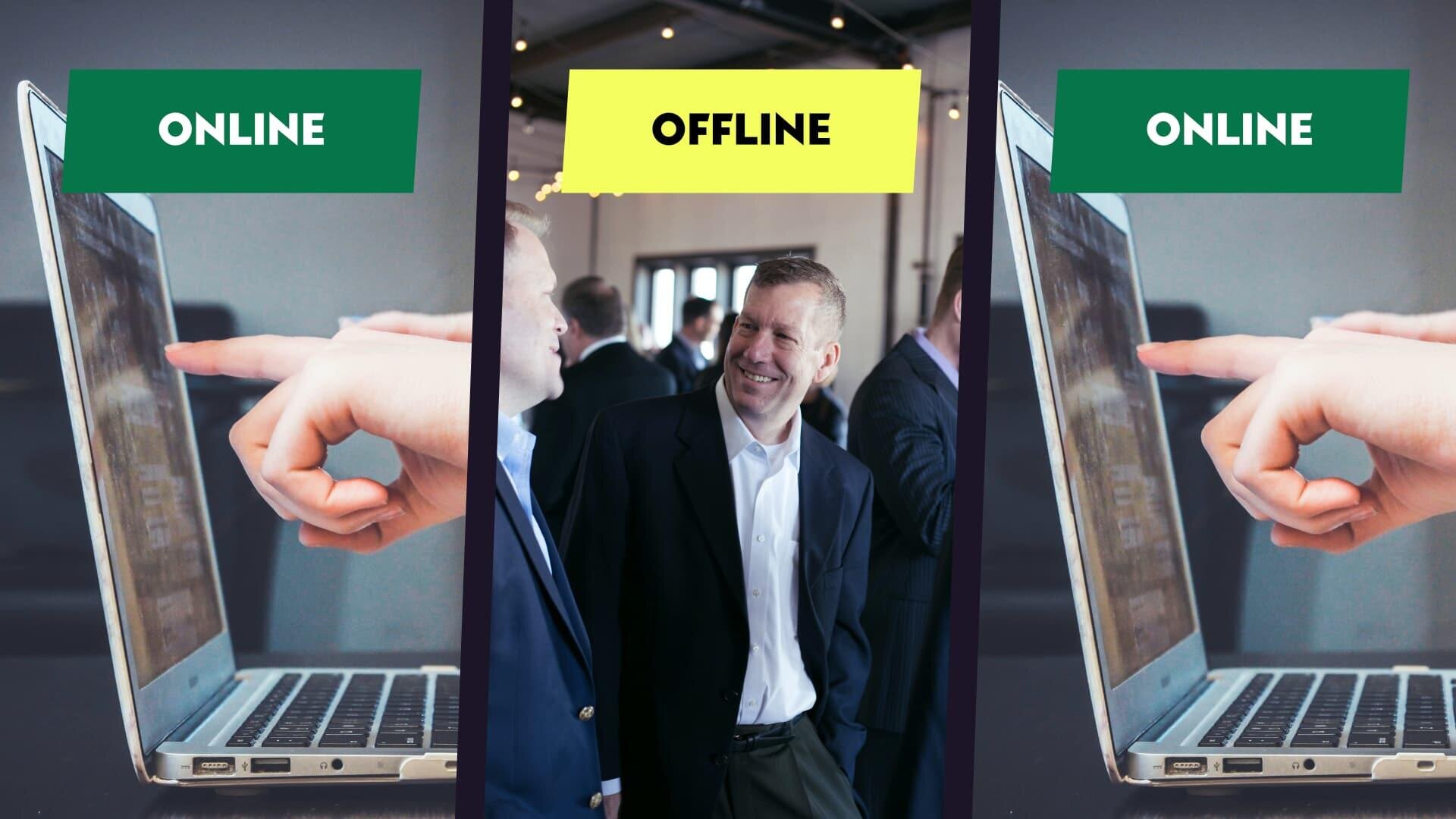 Ein geteiltes Bild zeigt ONLINE über Händen, die auf beiden Seiten auf Laptop-Bildschirme zeigen, und OFFLINE über einer lächelnden Person in Geschäftskleidung, die zwischen Menschen in der Mitte steht.