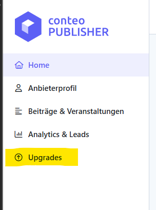 Screenshot des Dashboard-Menüs von conteo PUBLISHER mit den Optionen: Home, Anbieterprofil, Beiträge & Veranstaltungen, Analytics & Leads und ein hervorgehobener Bereich Upgrades.