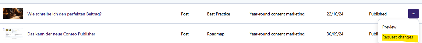 A website content management interface shows a list of blog posts with categories, tags, dates, and status. A dropdown menu is open next to one post, highlighting the Request changes option.