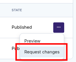 A dropdown menu is open next to the word Published, with the Request changes option highlighted by a red box. Other visible option is Preview.