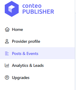 Sidebar menu for conteo PUBLISHER with options: Home, Provider profile, Posts & Events (highlighted), Analytics & Leads, and Upgrades. Logo and app name are at the top.