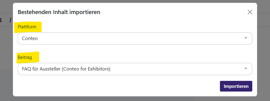 Ein Dialogfeld mit dem Titel Bestehenden Inhalt importieren mit zwei Dropdown-Menüs mit den Bezeichnungen Plattform und Beitrag und einer violetten Schaltfläche Importieren unten rechts.