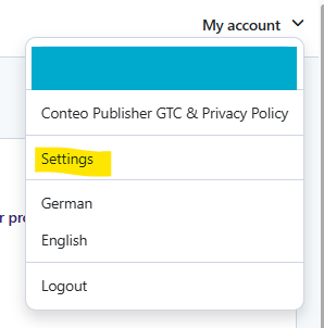 A dropdown menu under My account shows options: Conteo Publisher GTC & Privacy Policy, Settings (highlighted in yellow), German, English, and Logout.
