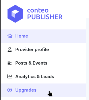 A sidebar menu from conteo PUBLISHER showing options: Home, Provider profile, Posts & Events, Analytics & Leads, and Upgrades. A mouse cursor points at the Upgrades option.