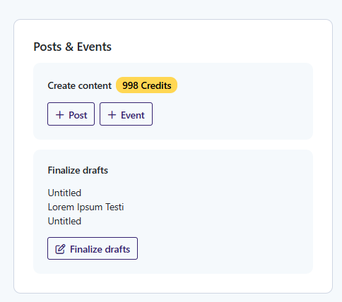 A dashboard section titled Posts & Events shows options to create a post or event with 998 credits available. Below, there is a list of draft titles and a Finalize drafts button.