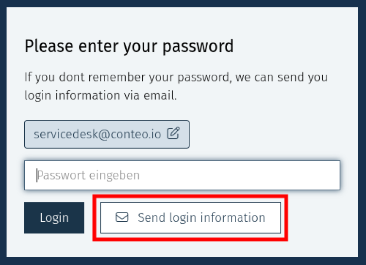 A login screen prompting for a password with the option to send login information via email highlighted in red. An email address and password input field are visible.