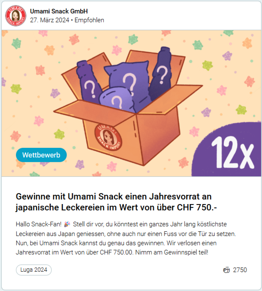 In der Mitte steht ein Karton mit Snackbeuteln mit Fragezeichen, umgeben von bunten Sternen. Ein Text kündigt ein Gewinnspiel an, bei dem man einen Jahresvorrat an japanischen Snacks im Wert von über 750 Franken von der Umami Snack GmbH gewinnen kann.