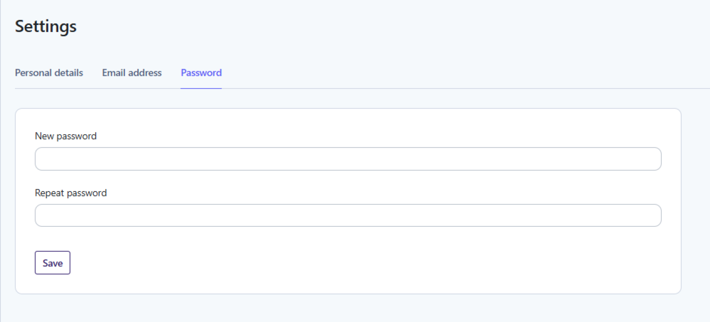 Settings page showing a Password tab with fields to enter a new password and repeat password, and a Save button below the fields. Other tabs include Personal details and Email address.