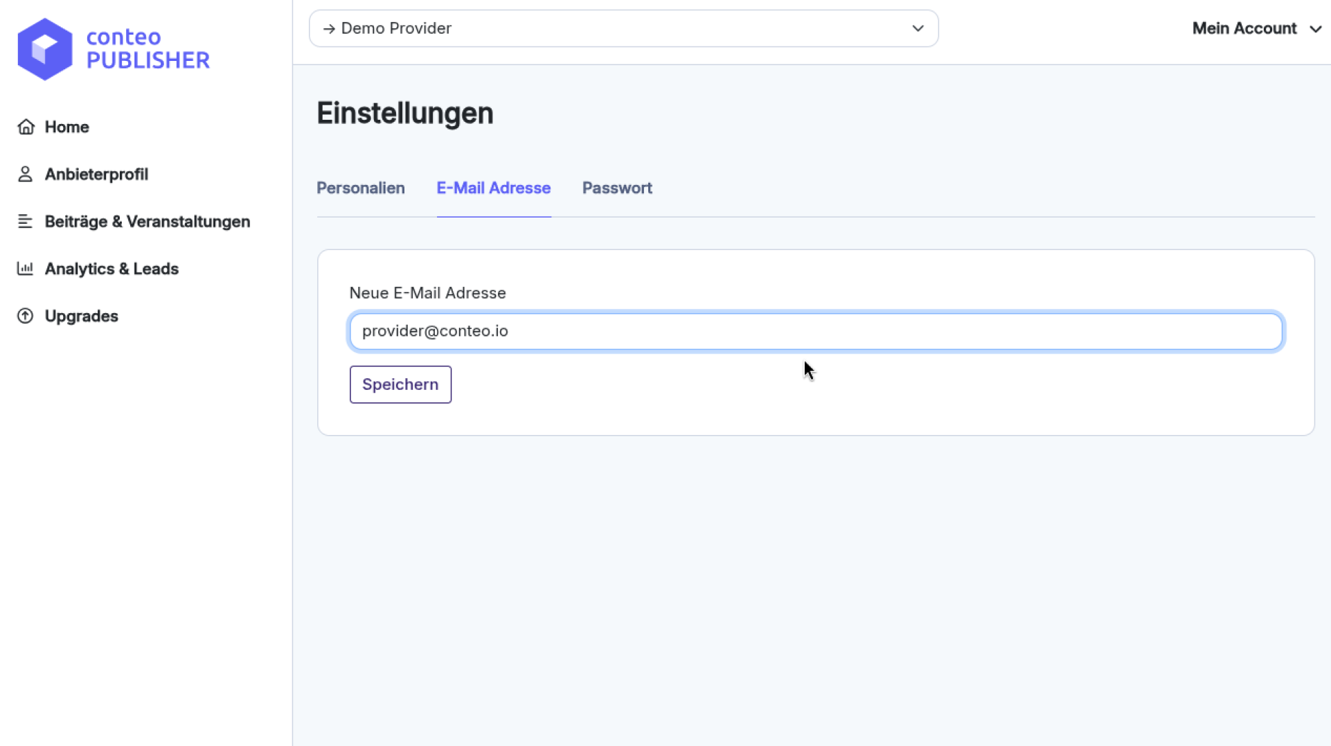Die Einstellungsseite einer Webanwendung zeigt die Registerkarte E-Mail Adresse. Ein Eingabefeld enthält provider@conteo.io mit einer Schaltfläche Speichern darunter. Das Menü in der linken Seitenleiste ist sichtbar.